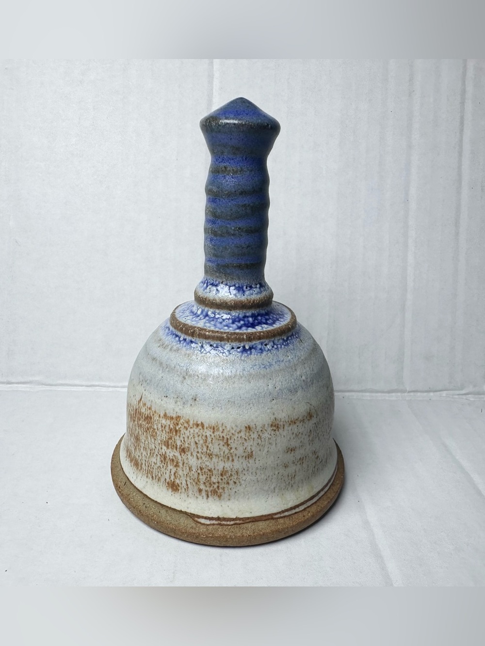 VTG Studio Pottery Wheel Thrown-Dip Glaze-5”x3” Bell-Colbalt-Earth Tones-Signed